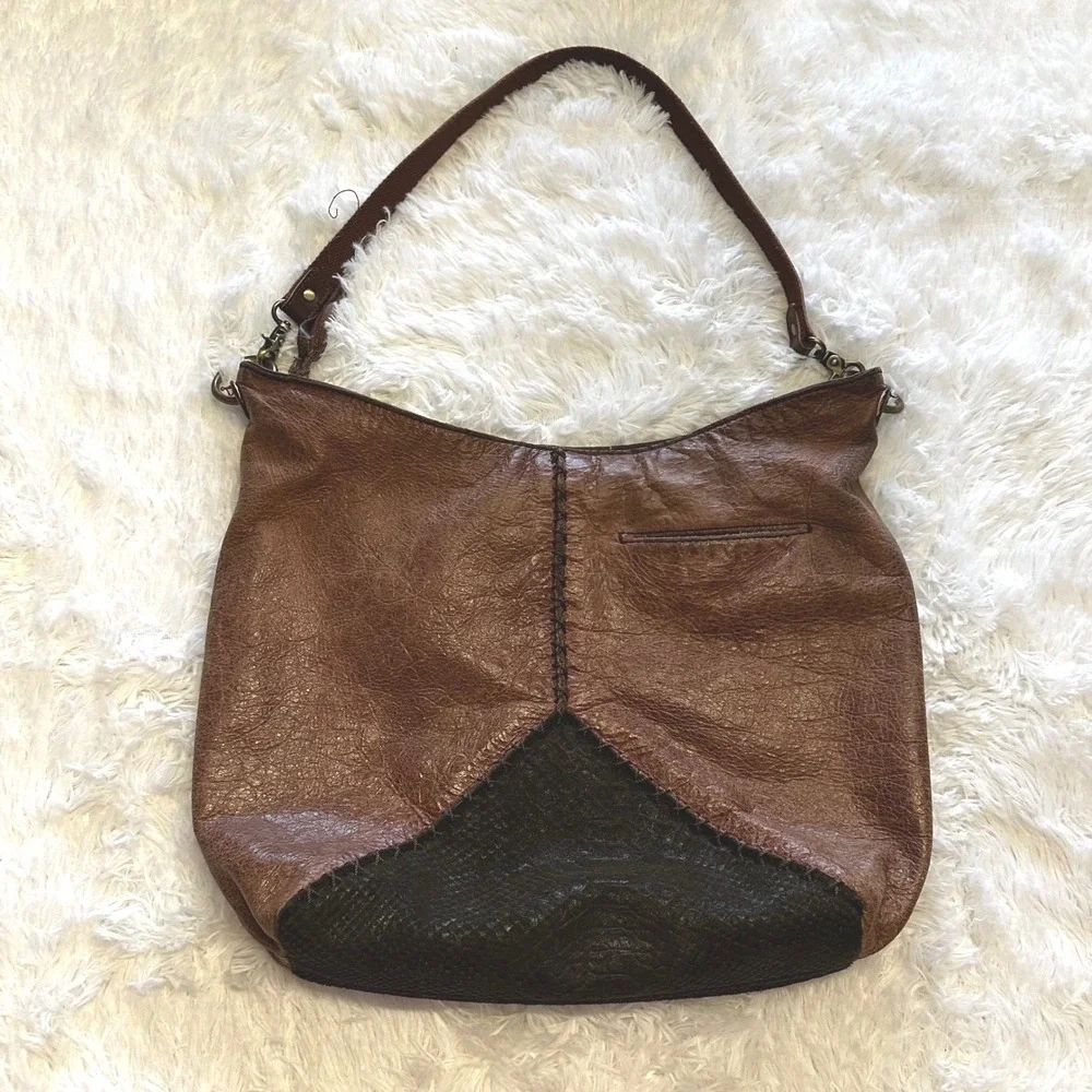The Sak Hobo Bag Brown Leather Patchwork Snakeskin Accent‎ Shoulder Bag